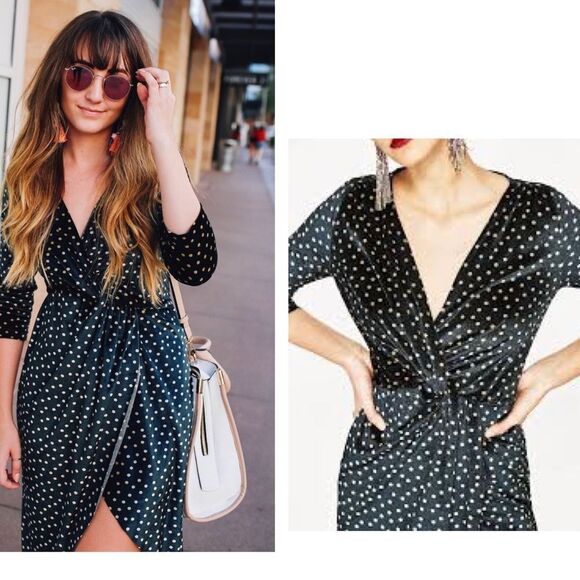 ZARA dark green cream velvet polkadot V-neck wrap dress ruched Sz S - Picture 3 of 11